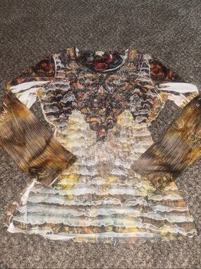 Reba Sheer Long-Sleeve Ruffle Top in Yellow, Brown and White
